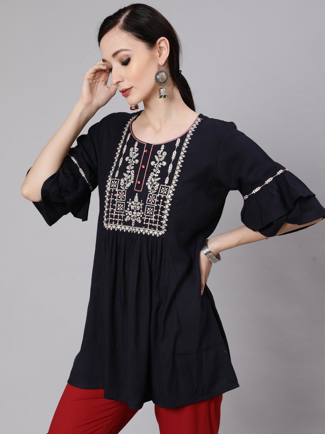 Women's Navy Blue Embroidered Tunic