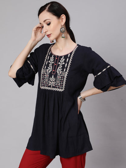 Women's Navy Blue Embroidered Tunic