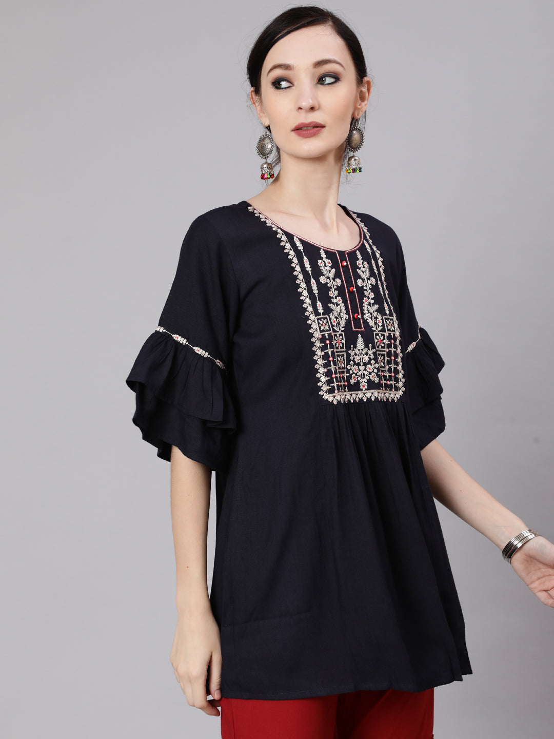 Women's Navy Blue Embroidered Tunic
