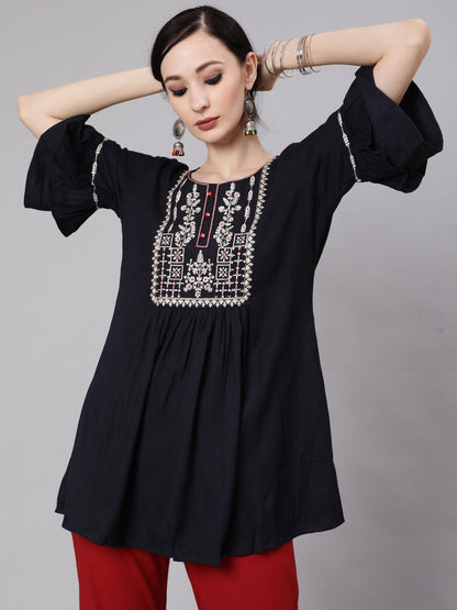 Women's Navy Blue Embroidered Tunic