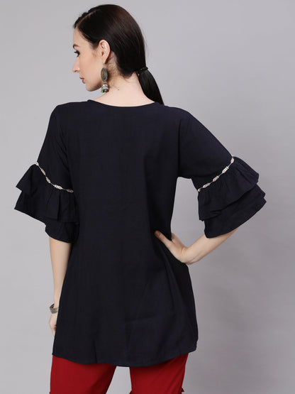 Women's Navy Blue Embroidered Tunic