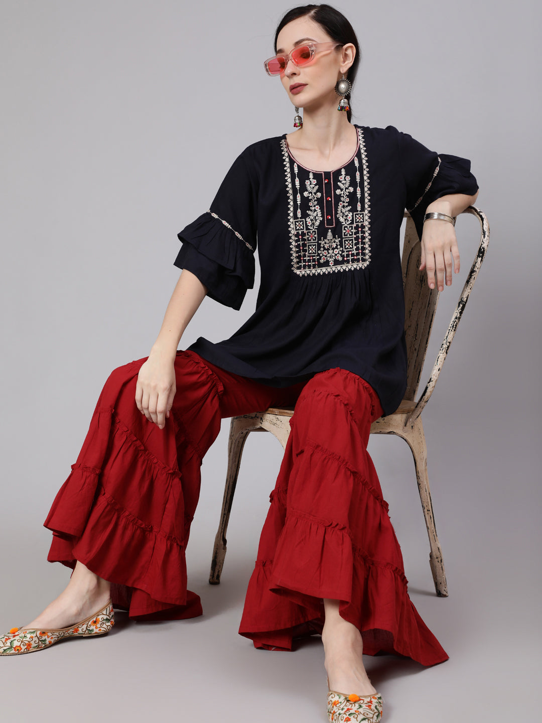 Women's Navy Blue Embroidered Tunic