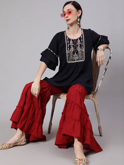 Women's Navy Blue Embroidered Tunic