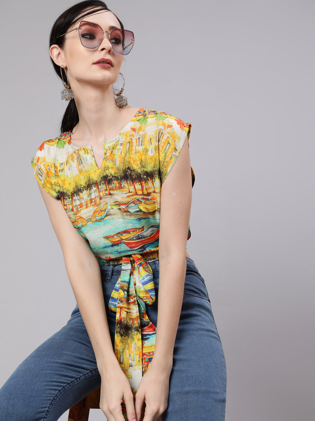 Women's Yellow Boat Print Wrap Top