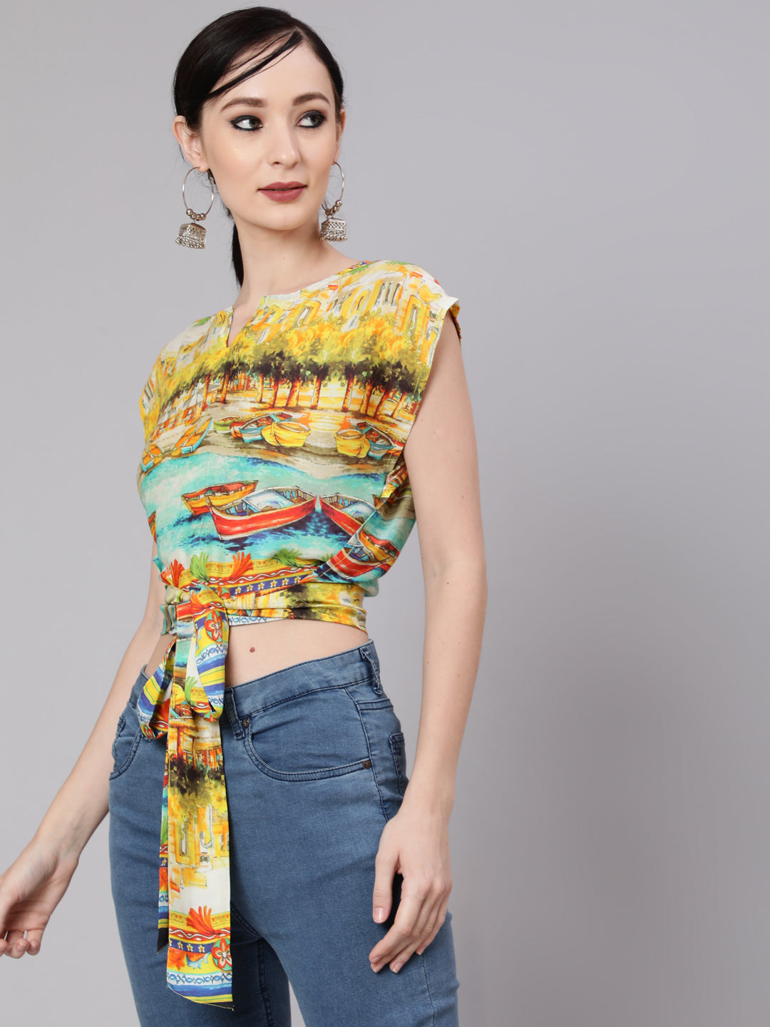 Women's Yellow Boat Print Wrap Top