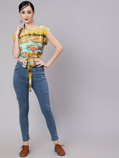 Women's Yellow Boat Print Wrap Top