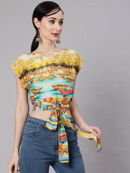 Women's Yellow Boat Print Wrap Top