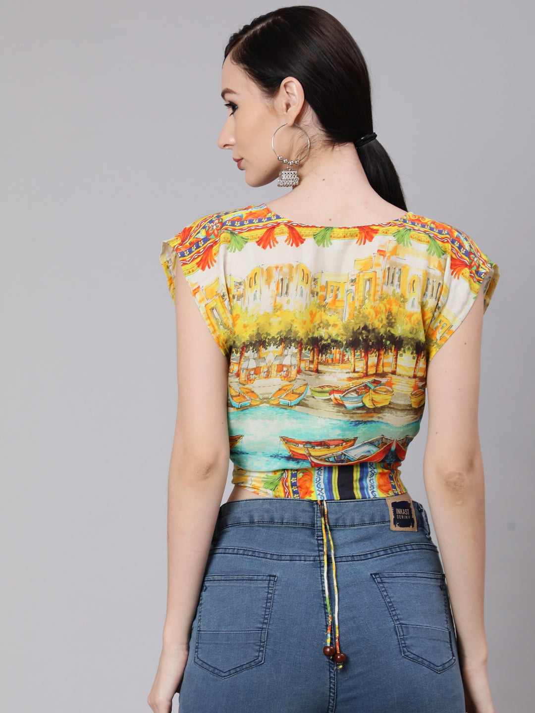 Women's Yellow Boat Print Wrap Top