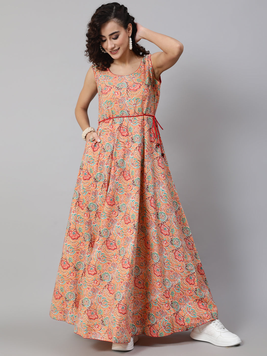 Women's Peach Floral Print Flared Maxi Dress