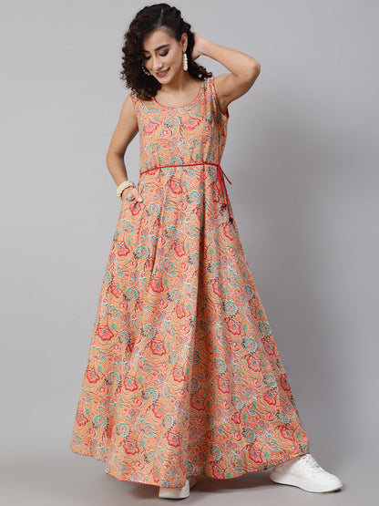 Women's Peach Floral Print Flared Maxi Dress