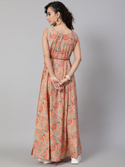 Women's Peach Floral Print Flared Maxi Dress