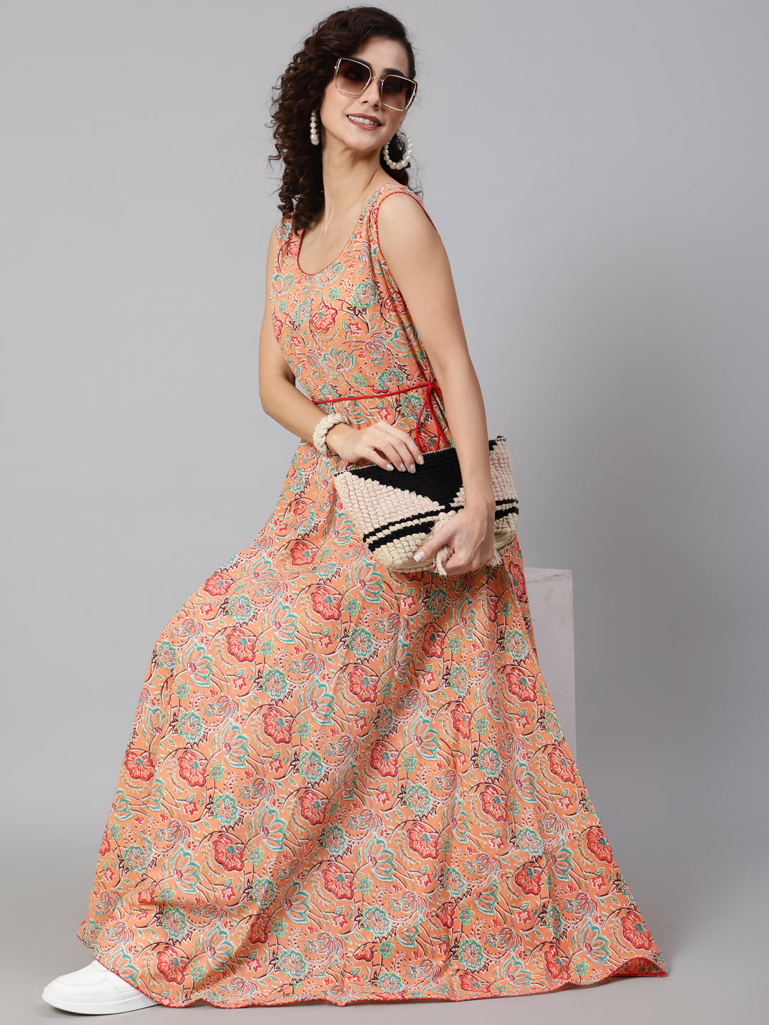 Women's Peach Floral Print Flared Maxi Dress