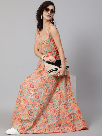 Women's Peach Floral Print Flared Maxi Dress