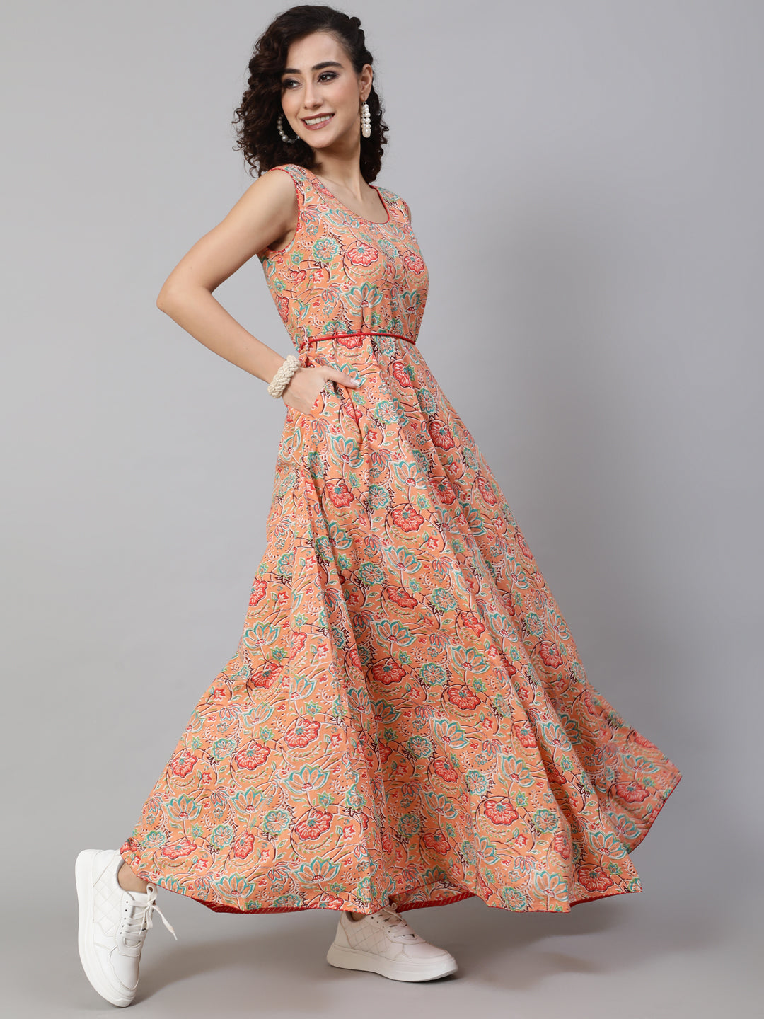 Women's Peach Floral Print Flared Maxi Dress