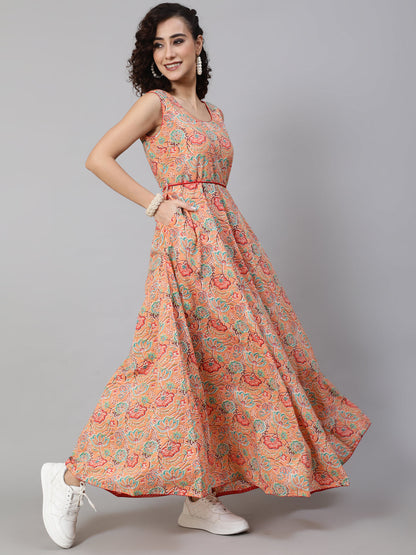 Women's Peach Floral Print Flared Maxi Dress