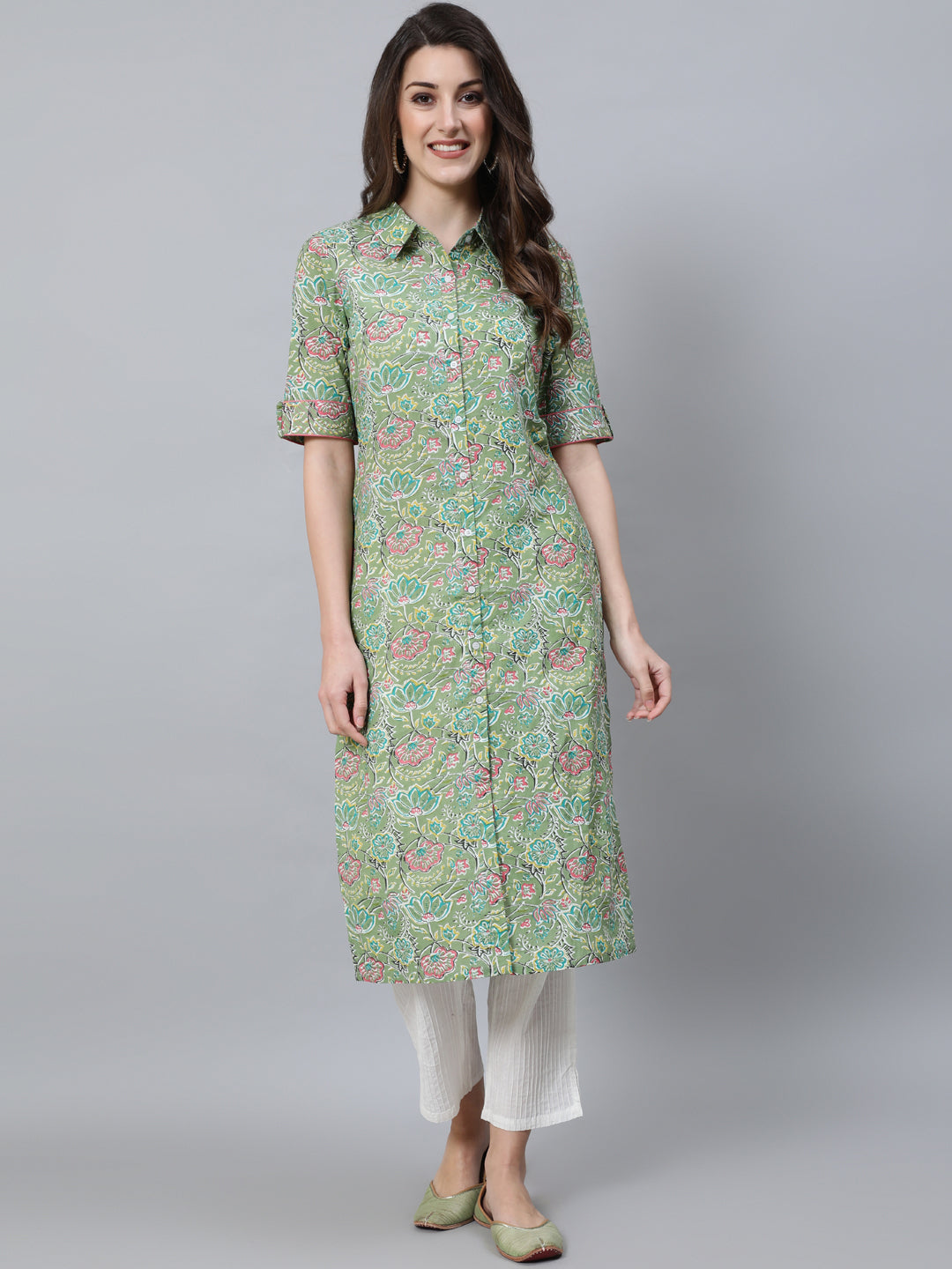 Women's Green Floral Print Button Down Kurta