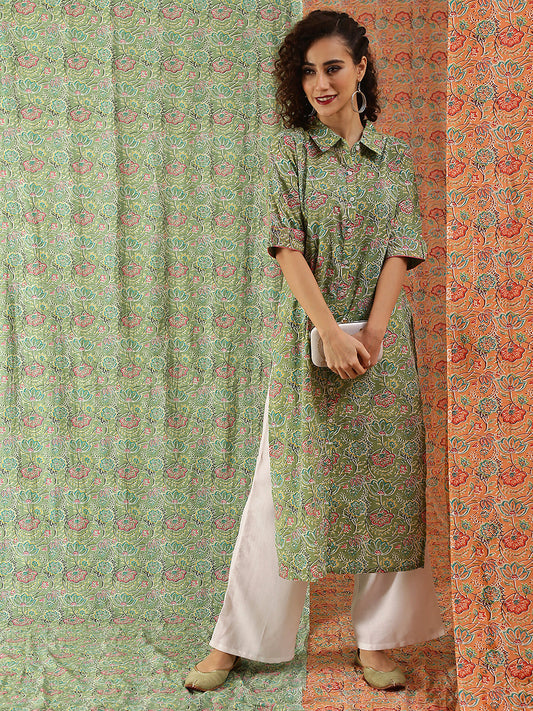 Women's Green Floral Print Button Down Kurta