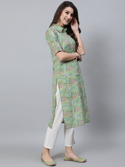 Women's Green Floral Print Button Down Kurta