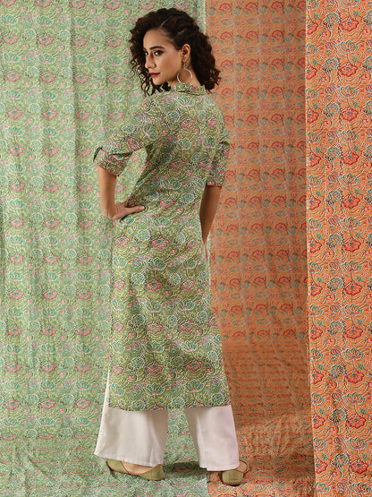 Women's Green Floral Print Button Down Kurta