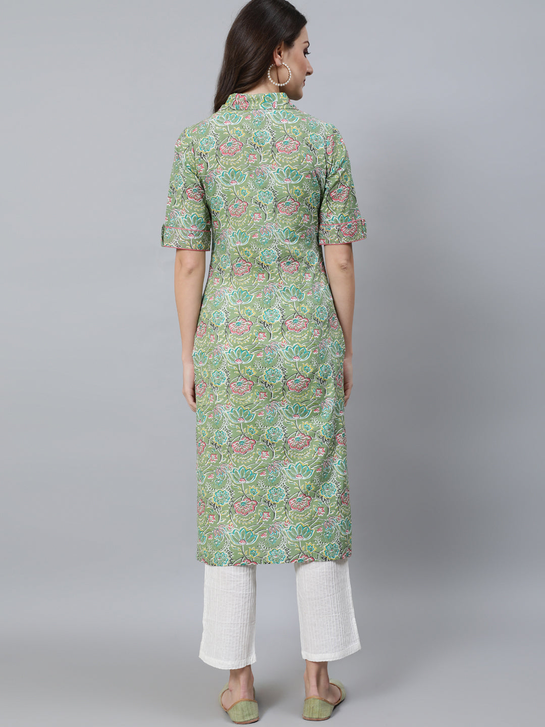 Women's Green Floral Print Button Down Kurta