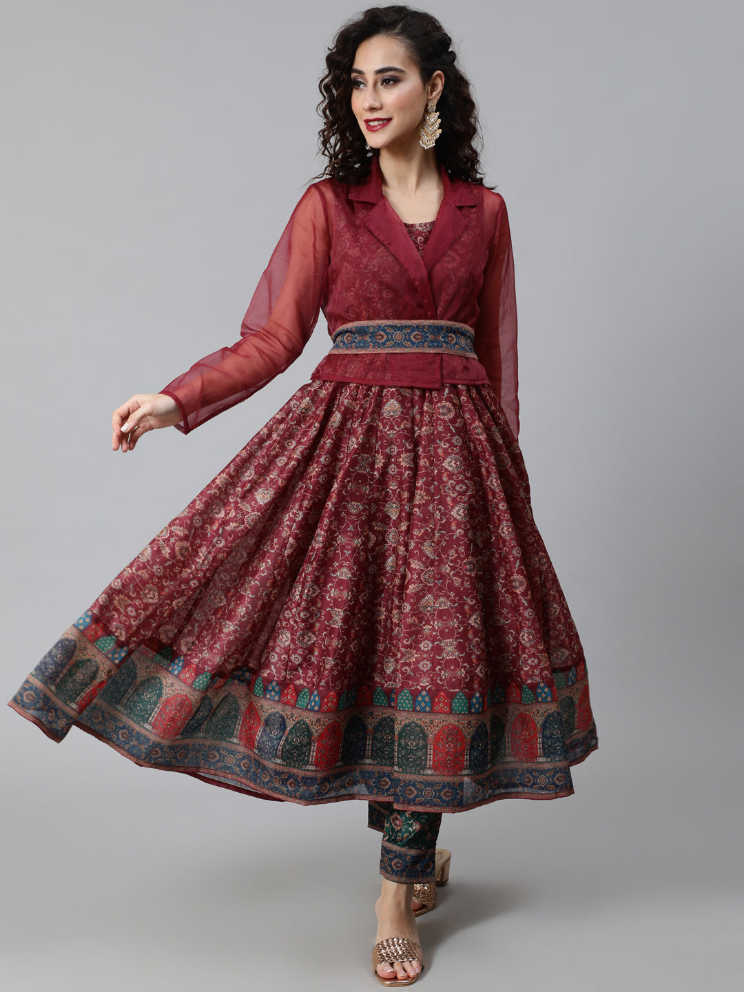 Women's Burgundy Print Anarkali With Jacket
