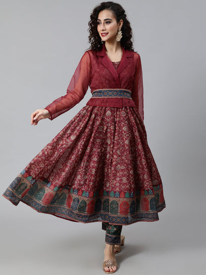 Women's Burgundy Print Anarkali With Jacket