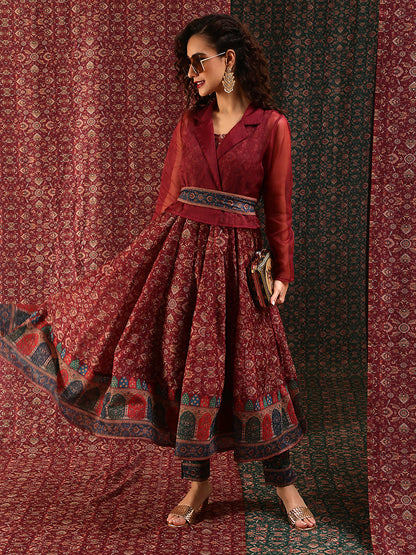 Women's Burgundy Print Anarkali With Jacket