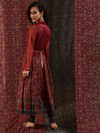 Women's Burgundy Print Anarkali With Jacket