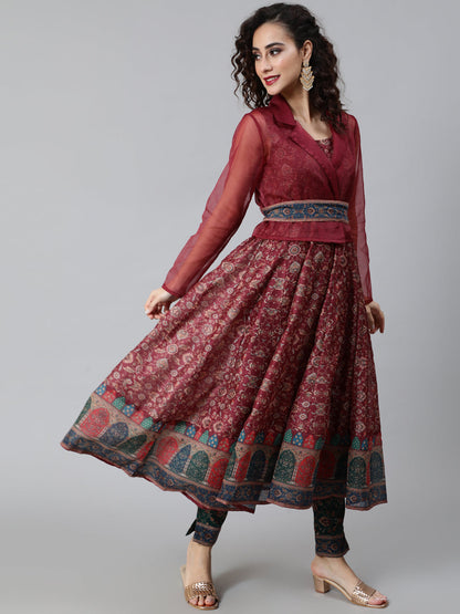 Women's Burgundy Print Anarkali With Jacket