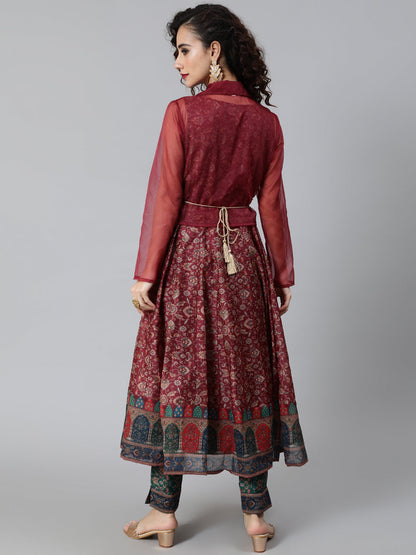 Women's Burgundy Print Anarkali With Jacket