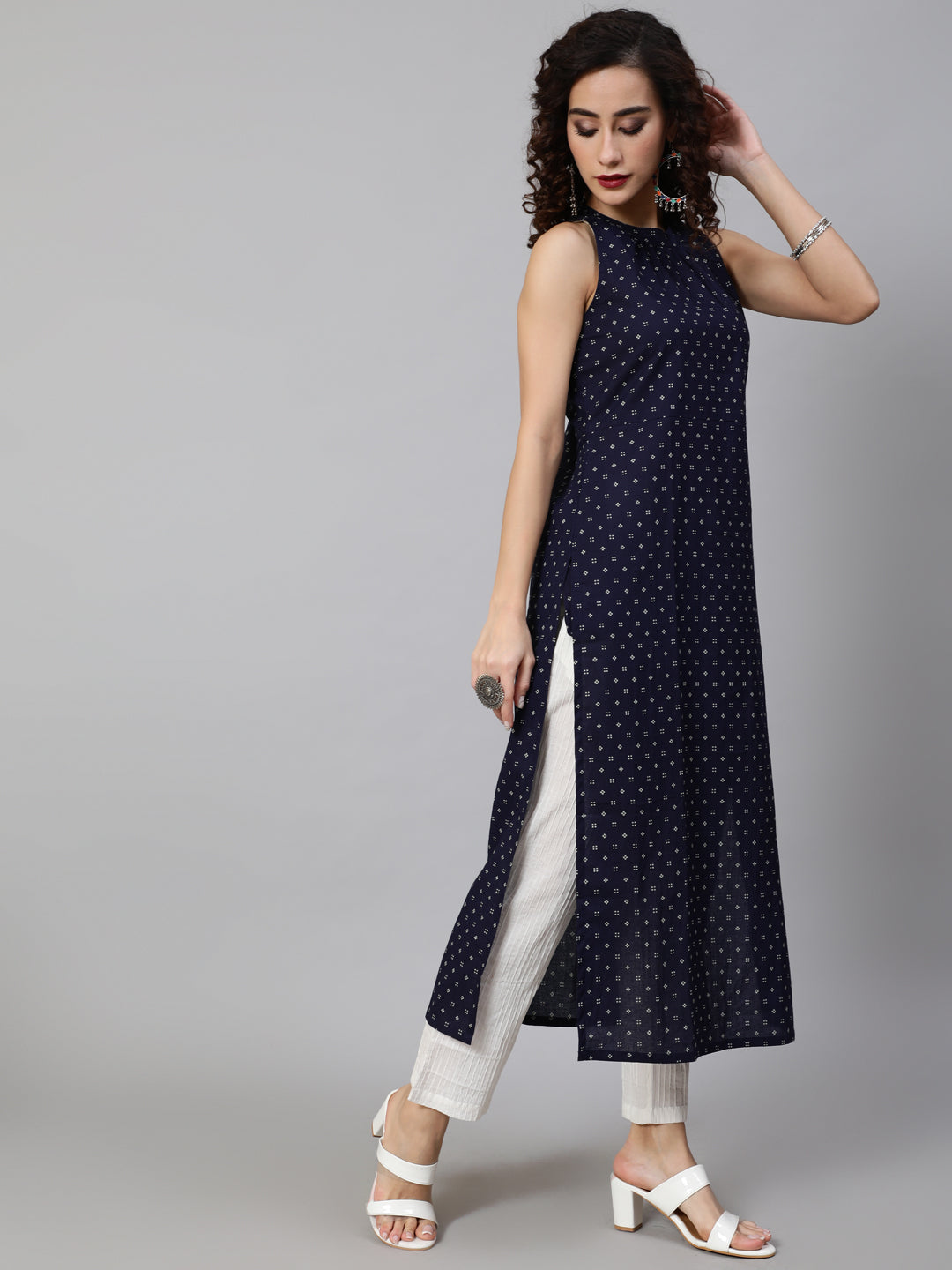 Women's Navy Blue Printed Kurta