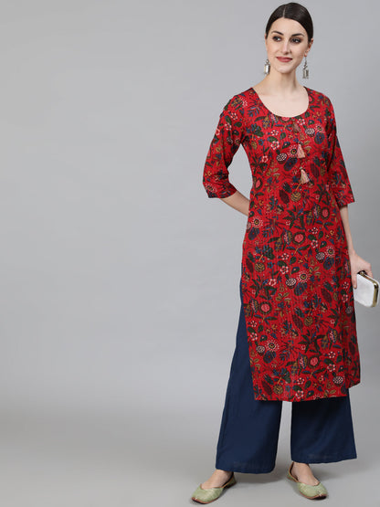 Women's Red Floral Print Kurta