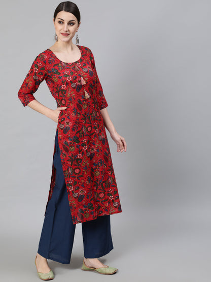 Women's Red Floral Print Kurta