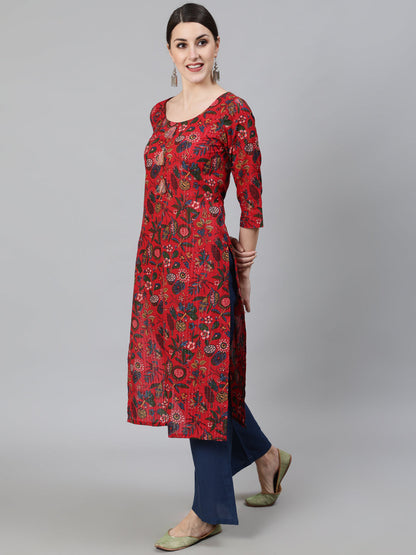 Women's Red Floral Print Kurta