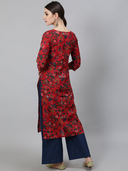 Women's Red Floral Print Kurta