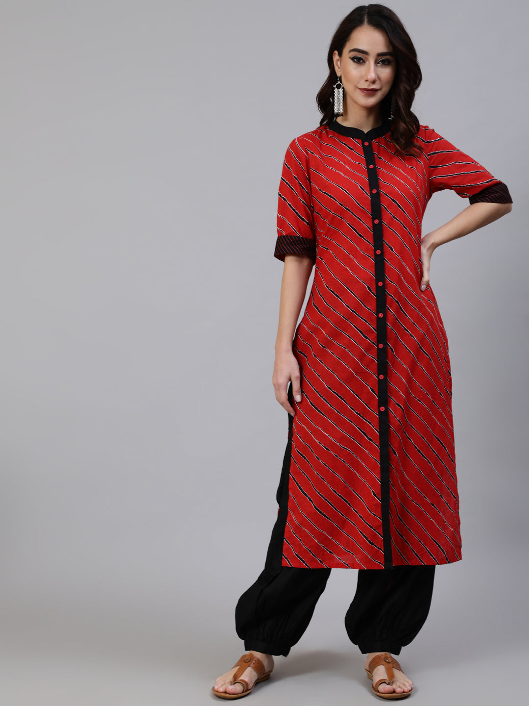 Women's Red Leheriya Print Button Down Kurta