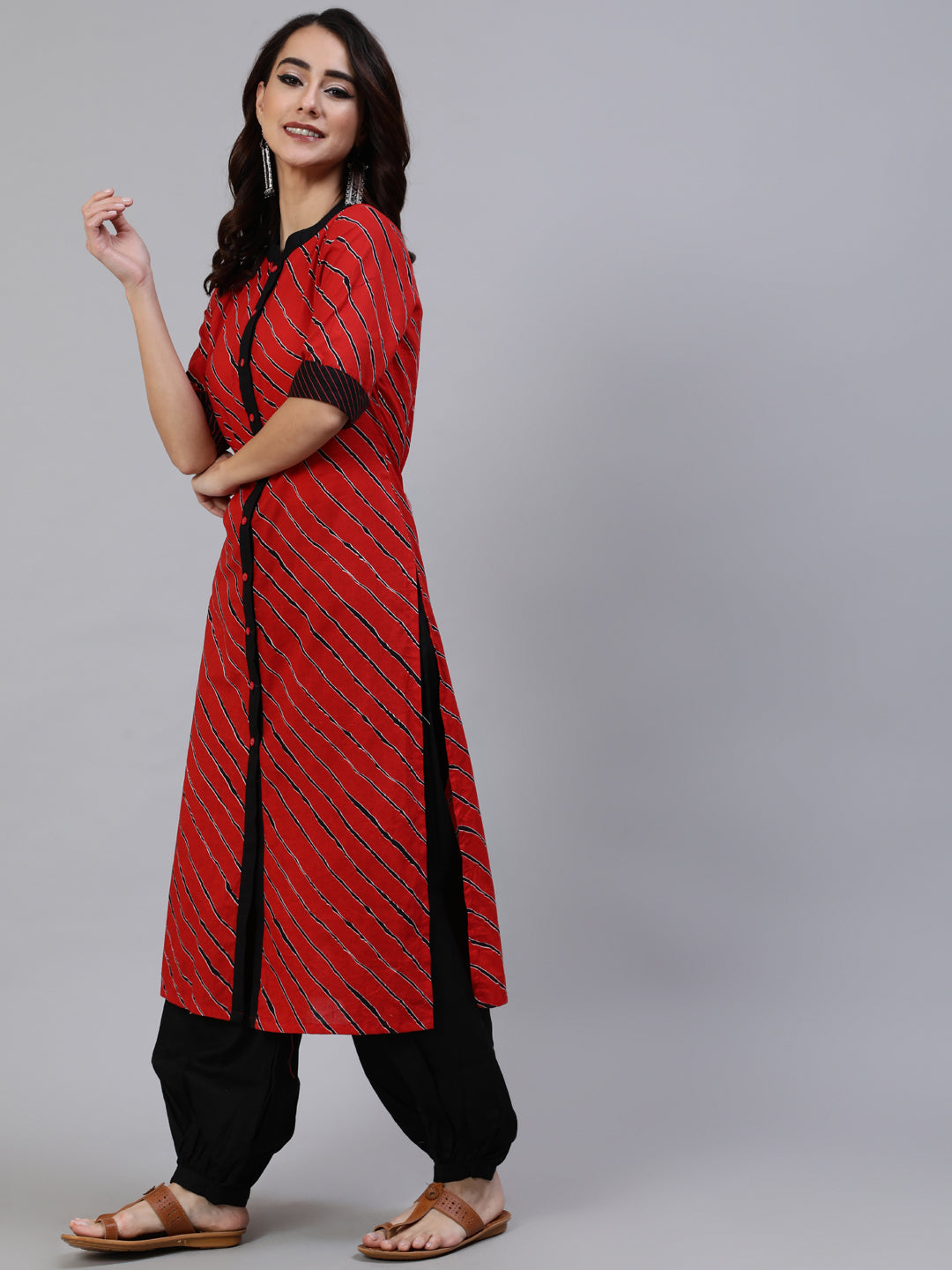 Women's Red Leheriya Print Button Down Kurta