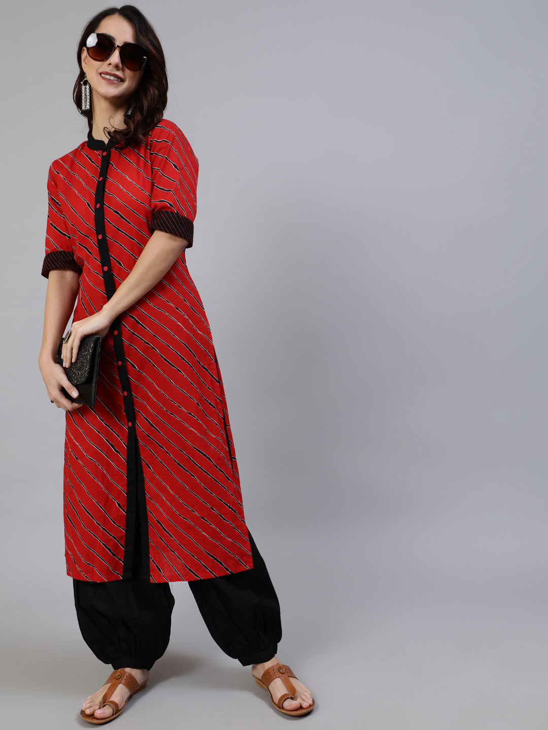 Women's Red Leheriya Print Button Down Kurta