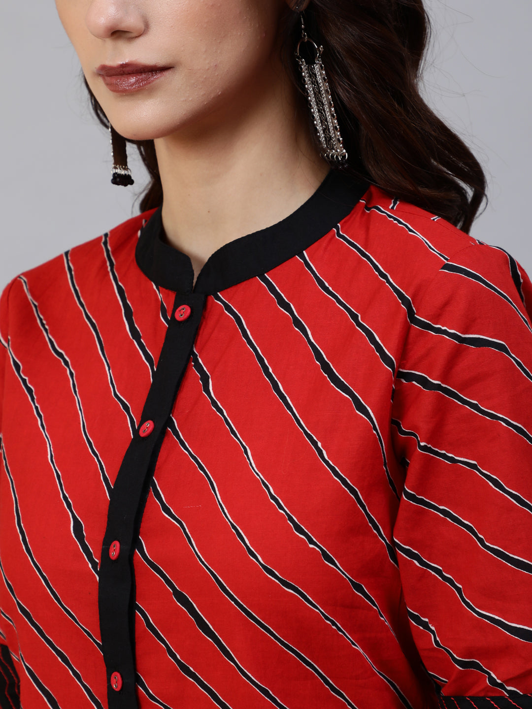 Women's Red Leheriya Print Button Down Kurta