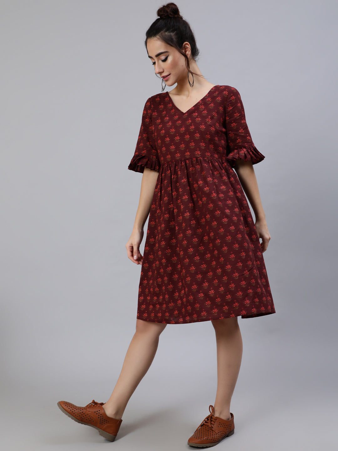 Women's Burgundy Floral Print Gathered Dress