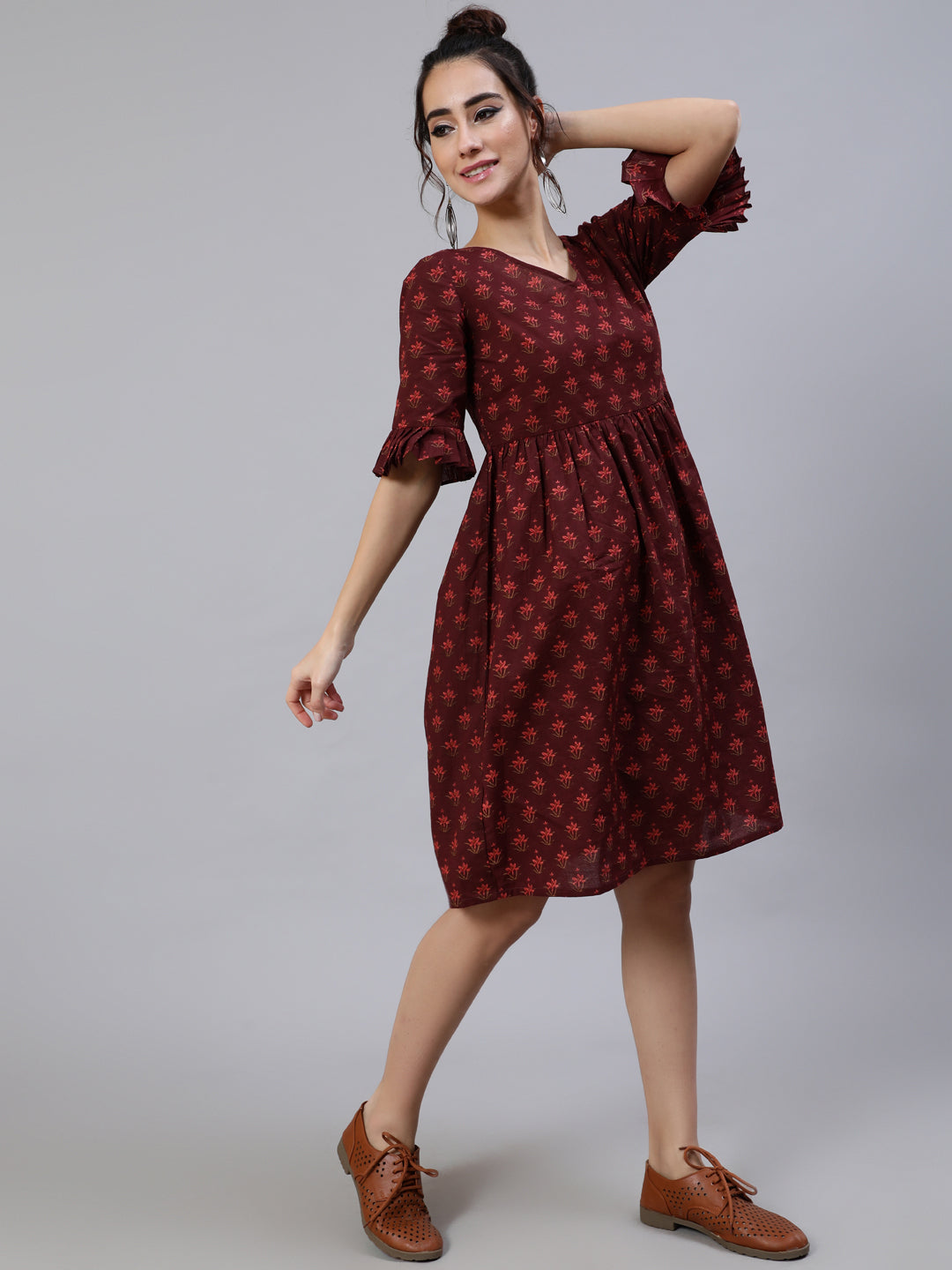 Women's Burgundy Floral Print Gathered Dress