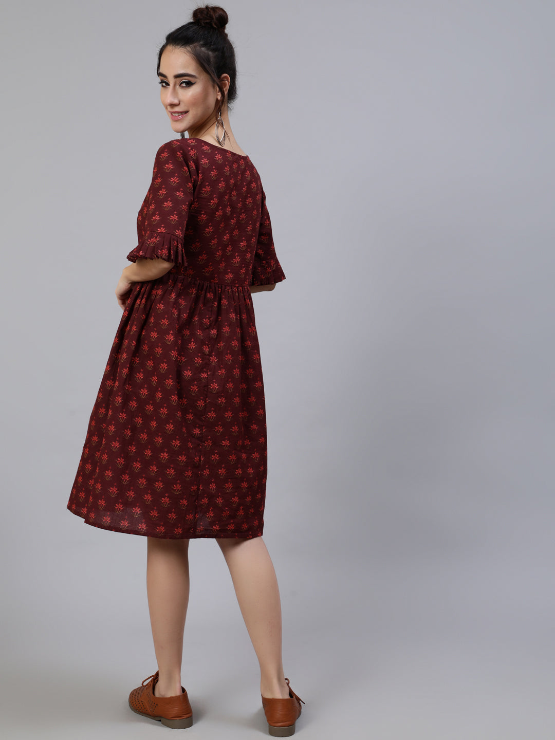 Women's Burgundy Floral Print Gathered Dress