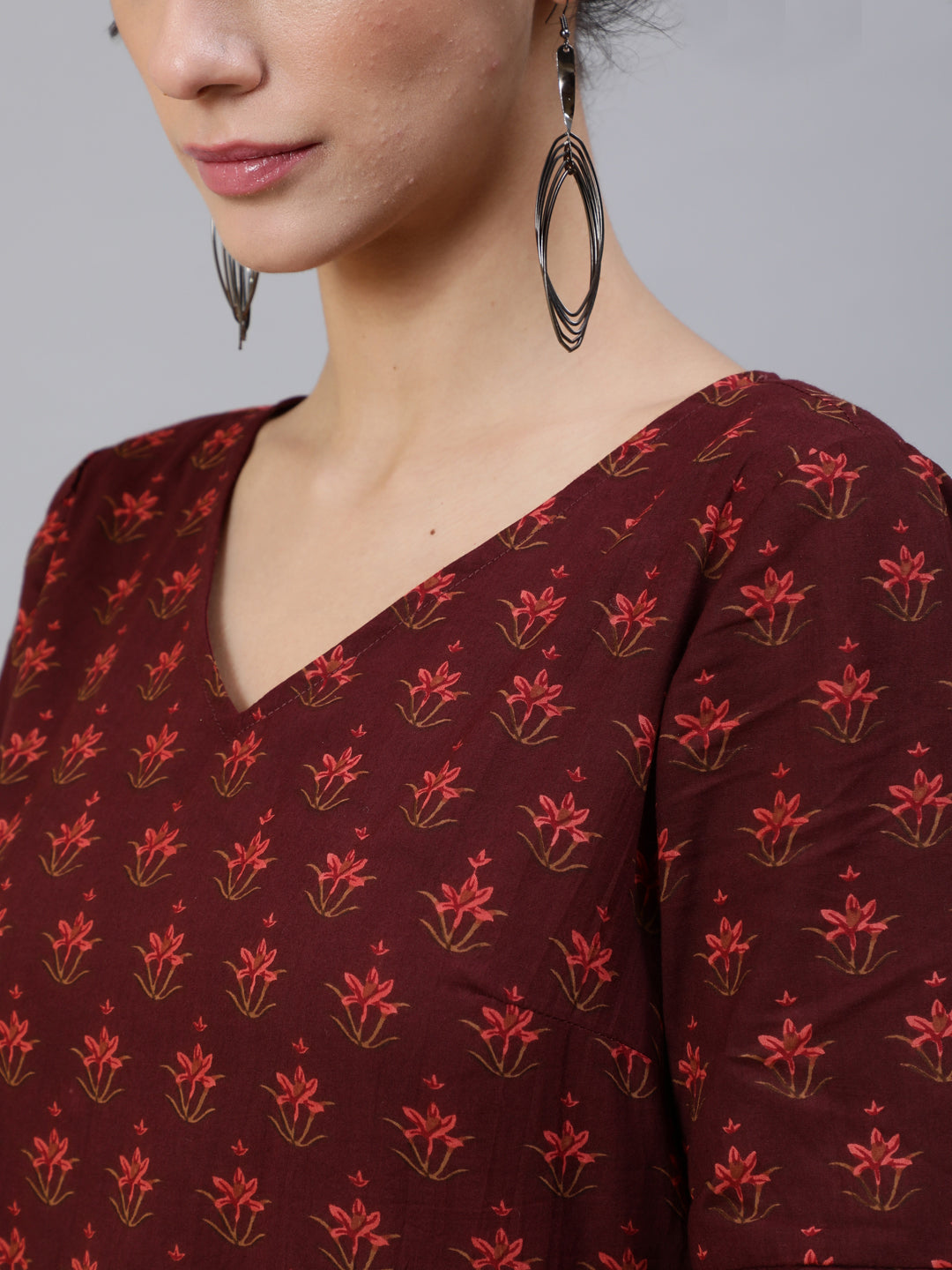 Women's Burgundy Floral Print Gathered Dress