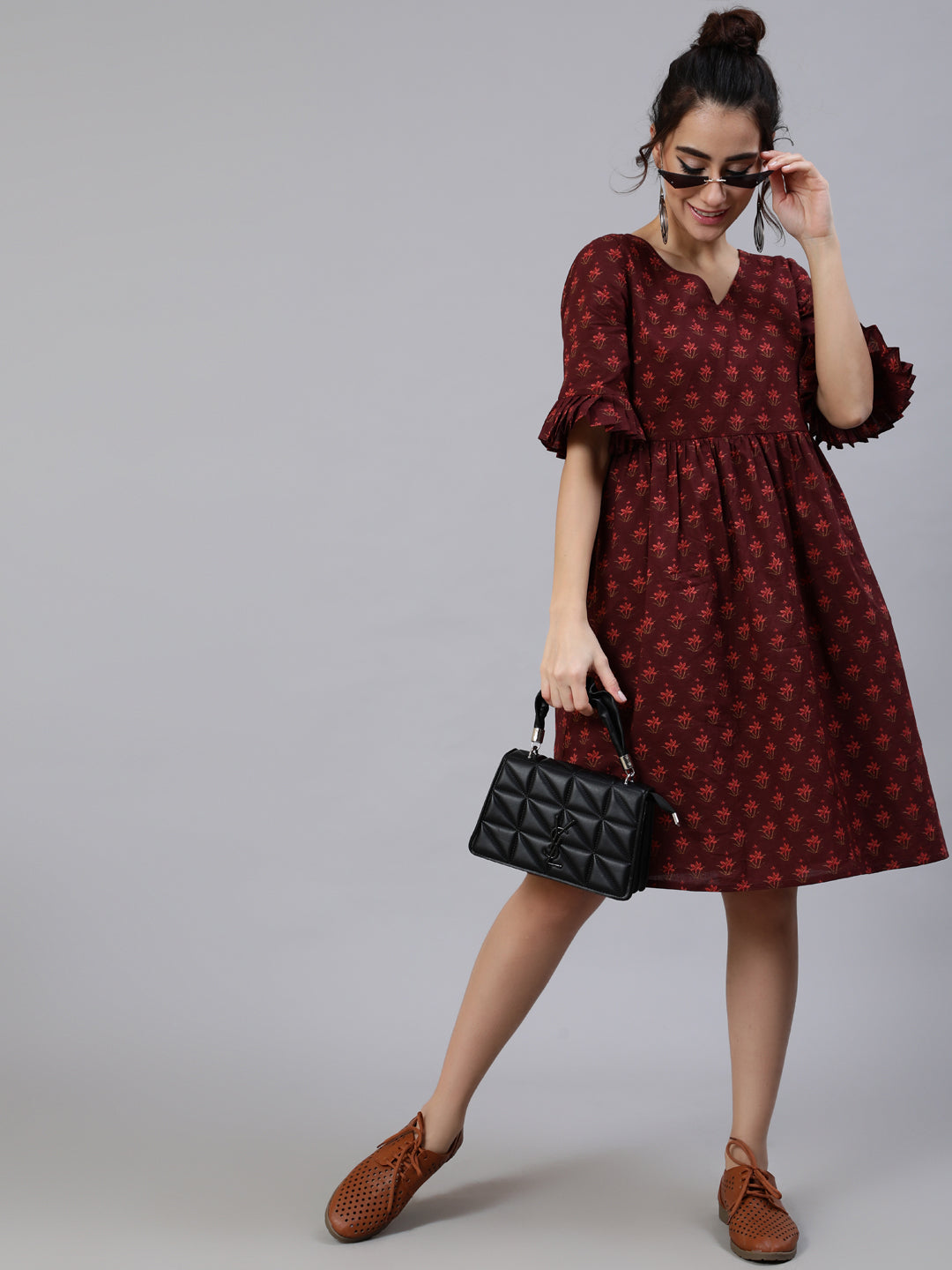 Women's Burgundy Floral Print Gathered Dress