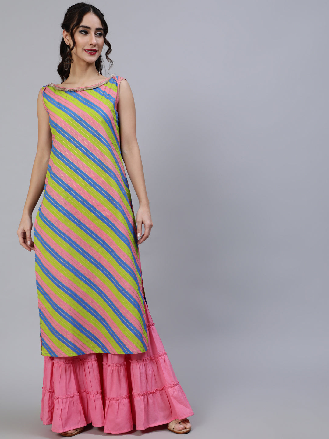 Women's Pink & Green Leheriya Print Kurta