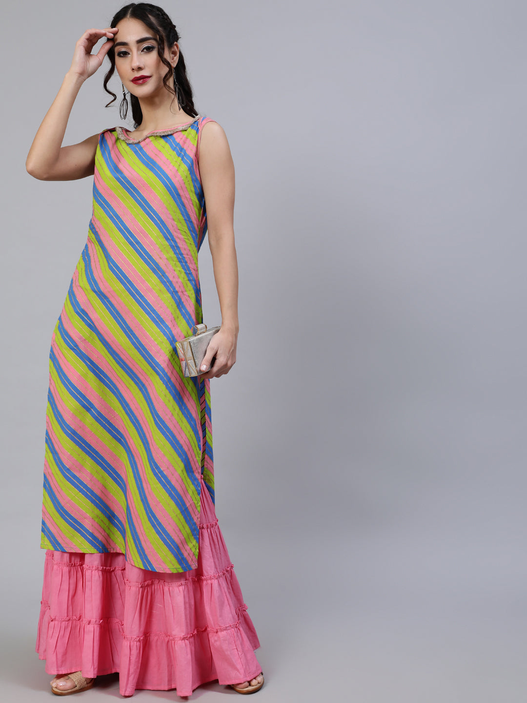 Women's Pink & Green Leheriya Print Kurta