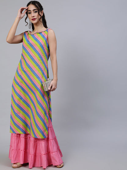 Women's Pink & Green Leheriya Print Kurta