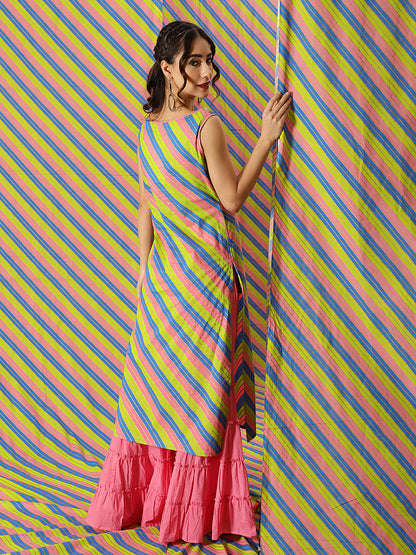 Women's Pink & Green Leheriya Print Kurta