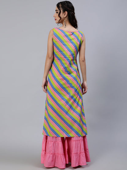 Women's Pink & Green Leheriya Print Kurta