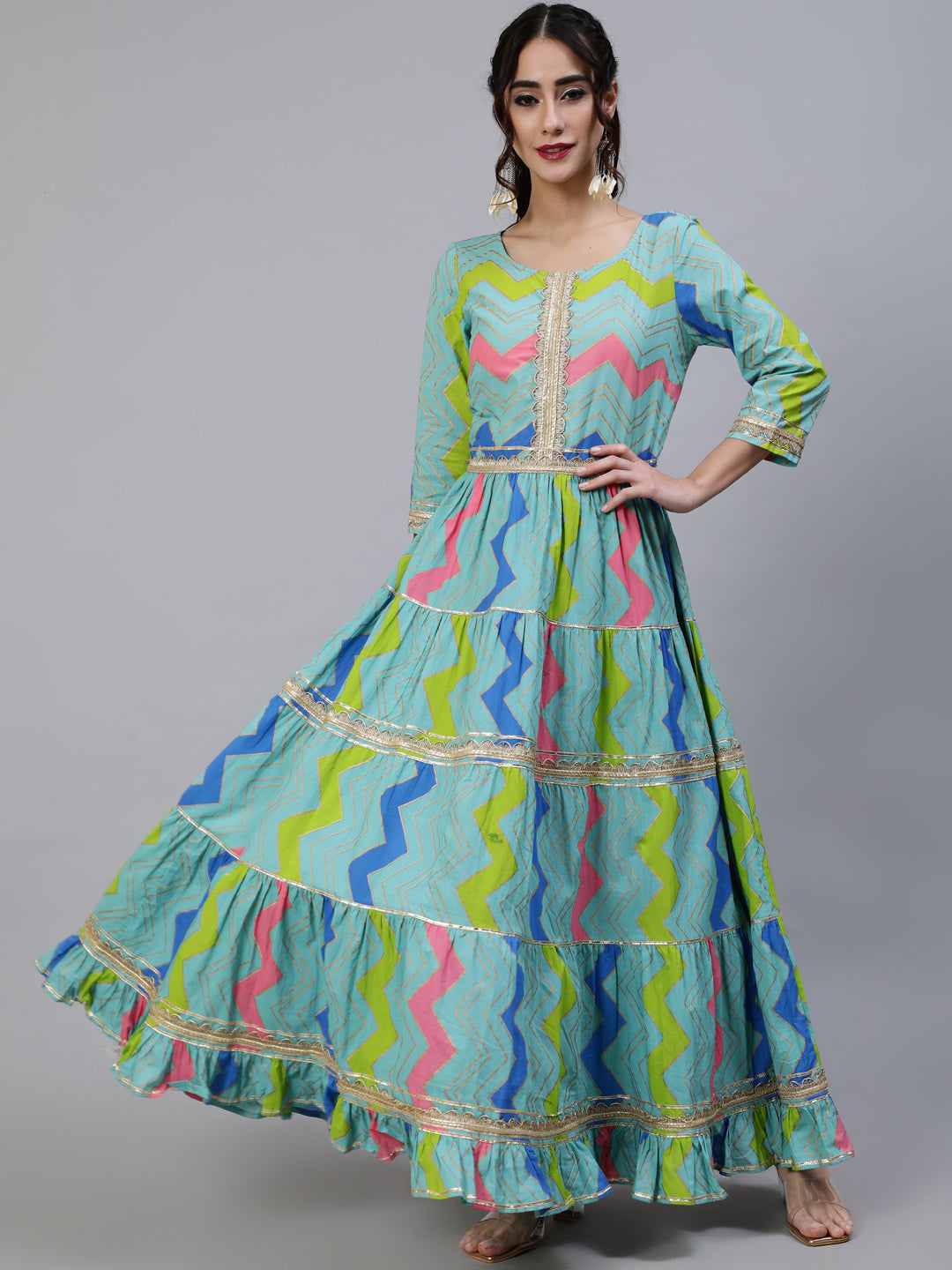 Women's Blue Leheriya Print Lace Work Tiered Maxi Dress